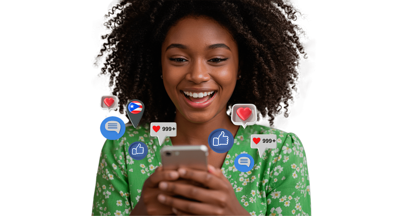Mujer utilizando estrategias de marketing digital en Puerto Rico para generar interacción en redes sociales.