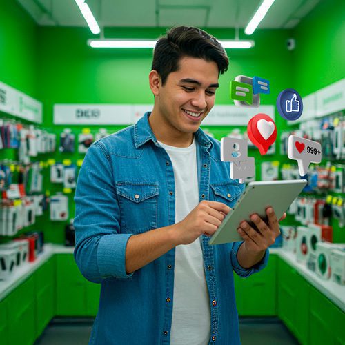 Hombre en una tienda de tecnología en Puerto Rico utilizando estrategias de marketing digital para anuncios en redes sociales.