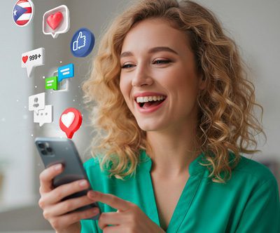 Mujer interactuando con estrategias de marketing digital en Puerto Rico para aumentar la presencia de su negocio