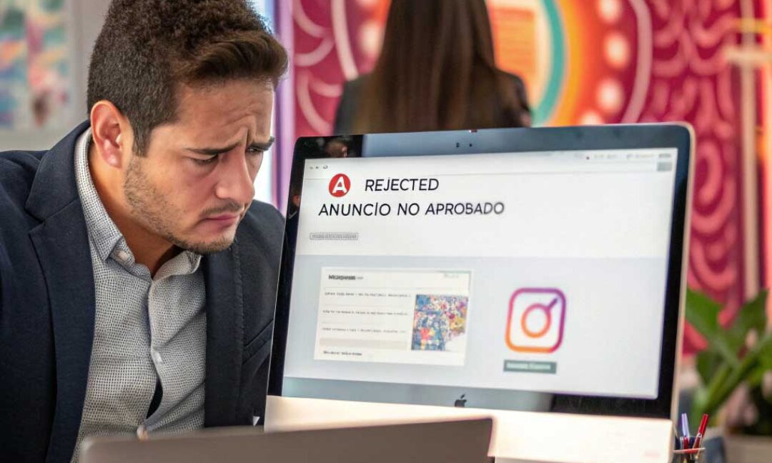 Empresario preocupado por anuncio rechazado en Meta Ads, revisando opciones de solución.
