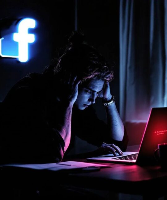 Hombre frustrado frente a laptop con anuncio rechazado en Facebook Ads por categoría especial.