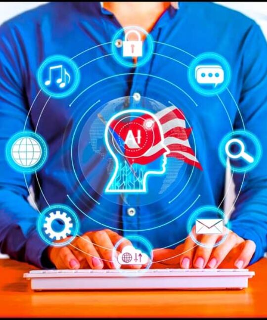 Profesional de Sites GP aplicando inteligencia artificial en estrategias de marketing digital en Puerto Rico, con íconos tecnológicos y bandera puertorriqueña.