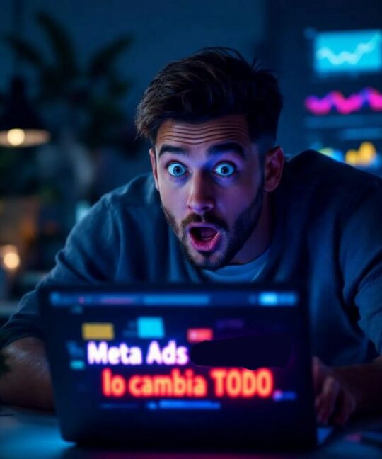 Hombre sorprendido frente a laptop con mensaje Meta Ads lo cambia TODO – Imagen de Sites GP sobre cambios en publicidad digital en Puerto Rico.