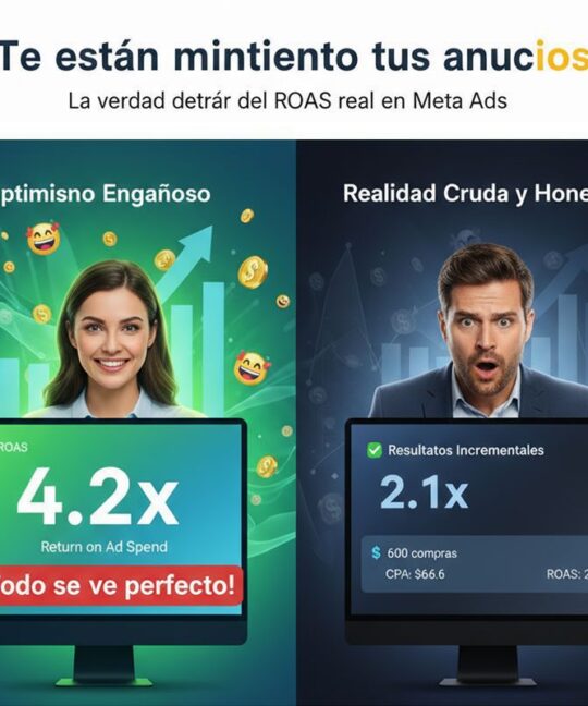 Comparación visual de ROAS en Meta Ads, optimismo engañoso vs. resultados reales con Sites GP.