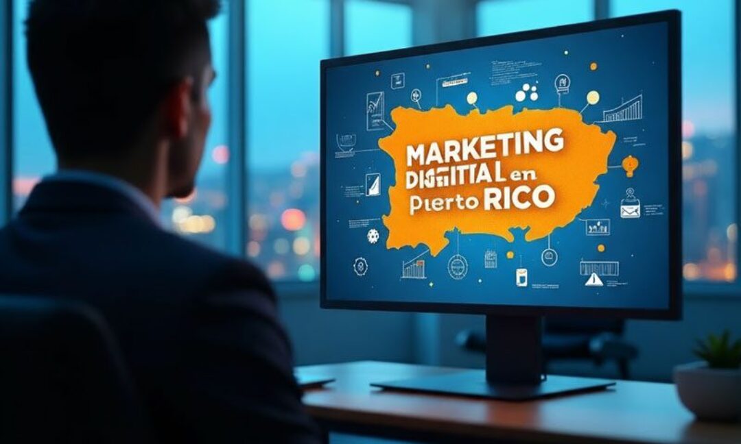 Empresario puertorriqueño observando pantalla con mapa de Puerto Rico y gráficos que representan estrategias de marketing digital en Puerto Rico