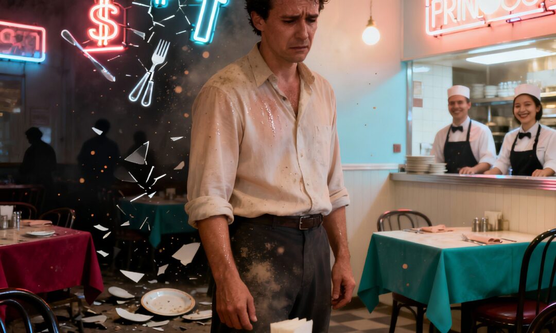 Restaurante en caos con emprendedor sucio y preocupado, platos rotos y neones financieros, representando el alto índice de fracaso en negocios de comida – Sites GP.